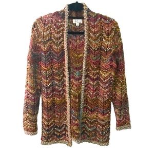 Ponsesa Multicolor Open Front Cardigan Chevron Rainbow Chunky Knit Bohemian